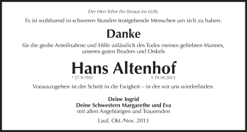 Traueranzeige von Hans Altenhof von Pegnitz-Zeitung